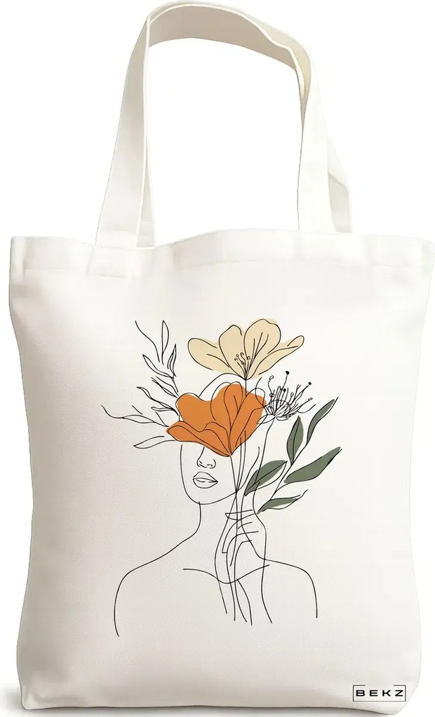 Sacosa de Panza pentru Cumparaturi, Geanta Tote, Flower Lady 3, 38x34.5 cm, Alba, BEKZ®