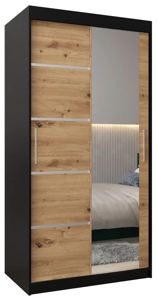 Dulap de haine 100 cm cu oglindă Verika 2 100 (negru + stejar artisan). 1063760
