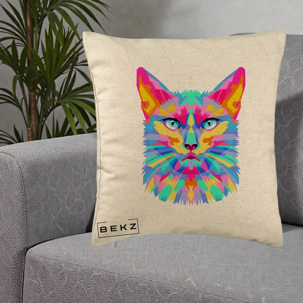 Perna decorativa Pisica Pop Art Multicolor, 40x40 cm cu Umplutura, Bej, BEKZ