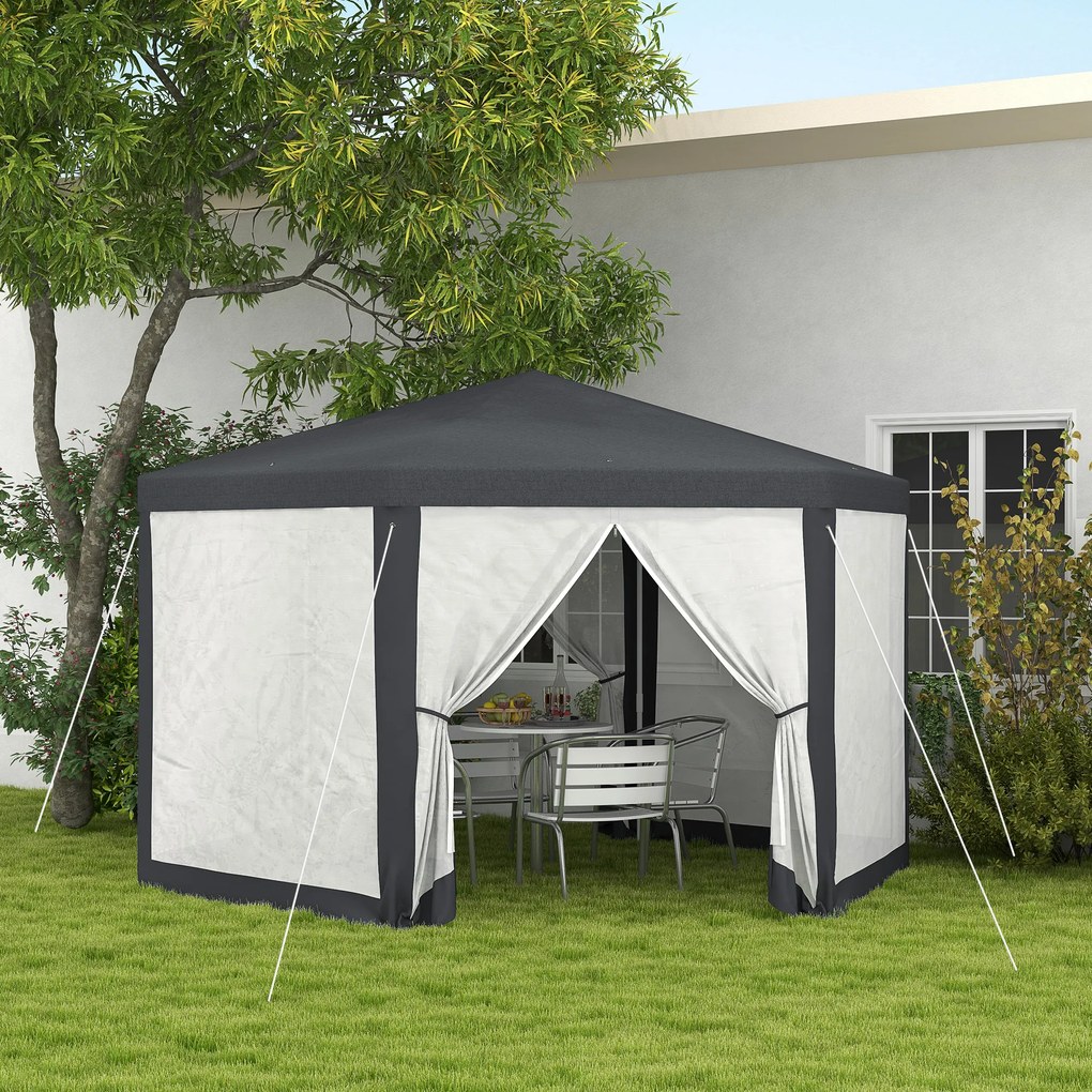 Outsunny Pavilion 4x4 m de Gradina Hexagonal cu Pereti din Plasa, 2 Usi si Picioare Reglabile, Pavilion din Metal si Poliester | Aosom Romania