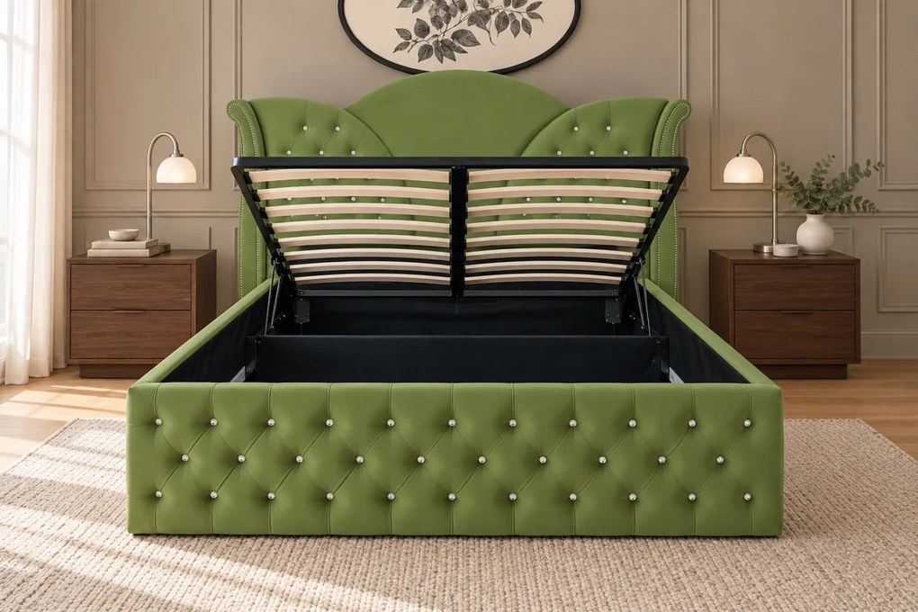 Pat tapițat Chesterfield din catifea Velora Deluxe 160×200 cm, kaki, cu ladă de depozitare