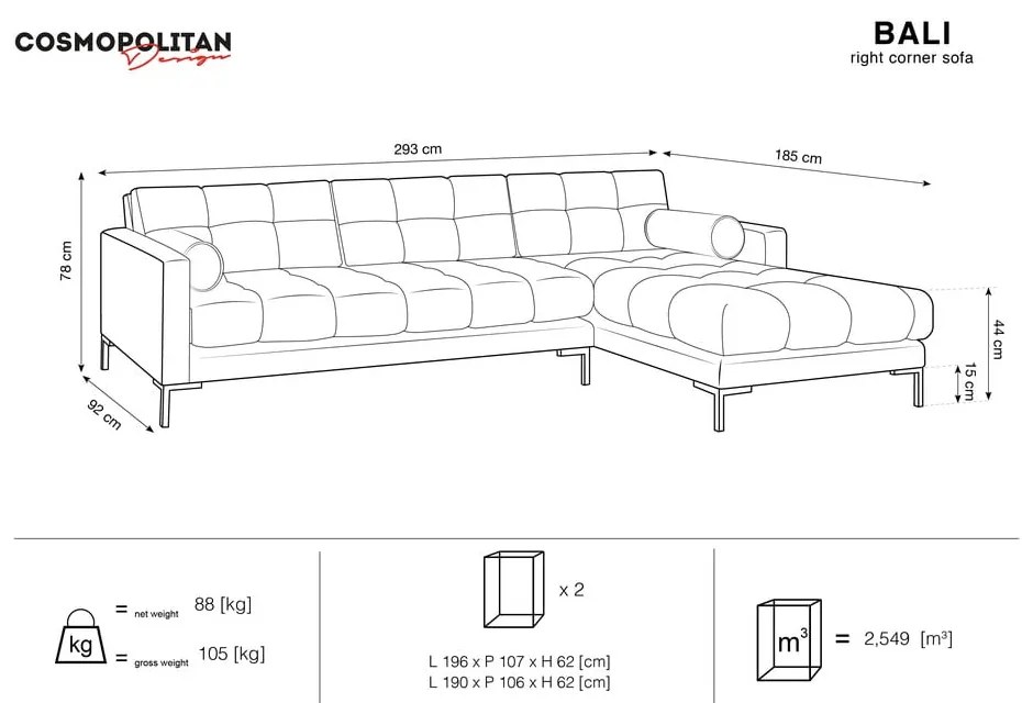 Colțar din catifea cu extensie pe partea dreaptă Cosmopolitan Design Bali, gri închis