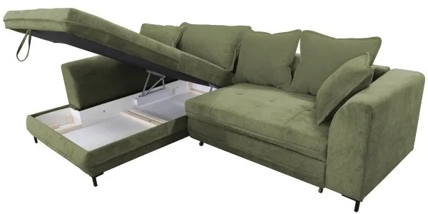 Colțar extensibil LAGOA, stânga, verde, cu spațiu de depozitare, în formă de L