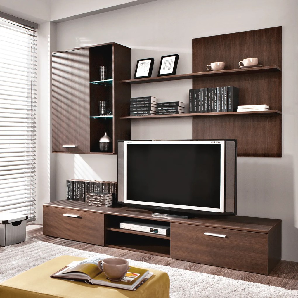 Set mobila living, wenge, 200 cm lungime, cu lumini led, rafturi, Bortis Impex