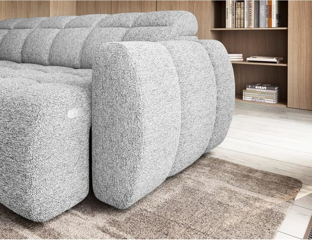 Colțar gri deschis extensibil/cu spațiu de depozitare cu tapițerie din țesătură bouclé (cu colț pe partea stângă/în formă de ”L”) Falconn – ELTAP