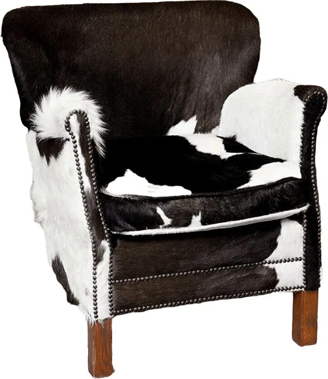 Fotoliu clasic din piele naturală de vacă cu picioare din lemn de stejar, „Cowhide Turner”