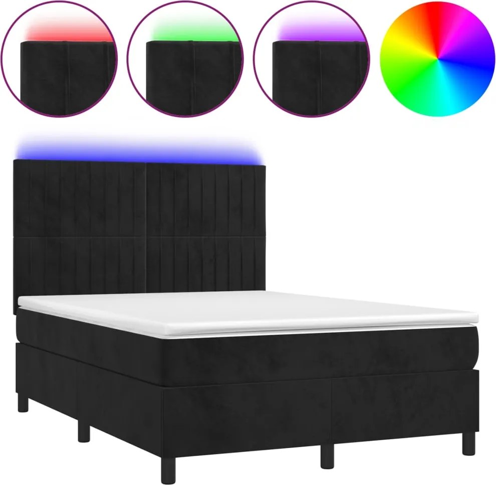 vidaXL Pat cu arcuri, saltea și LED, negru, 140x190 cm, catifea