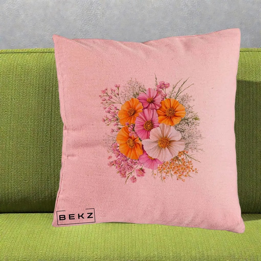 Perna Decorativa Buchet Cosmos Portocaliu Roz si Alb, 40x40 cm, Roz, Husa Detasabila, Perna Inclusa, BEKZ®