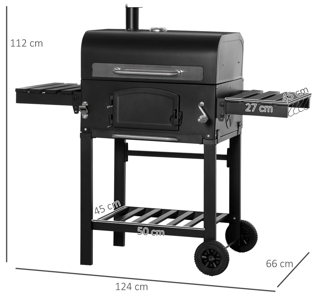 Gratar cu Carbune Outsunny, 3 in 1 cu Rafturi Laterale 124x66x112cm, Negru | Aosom RO