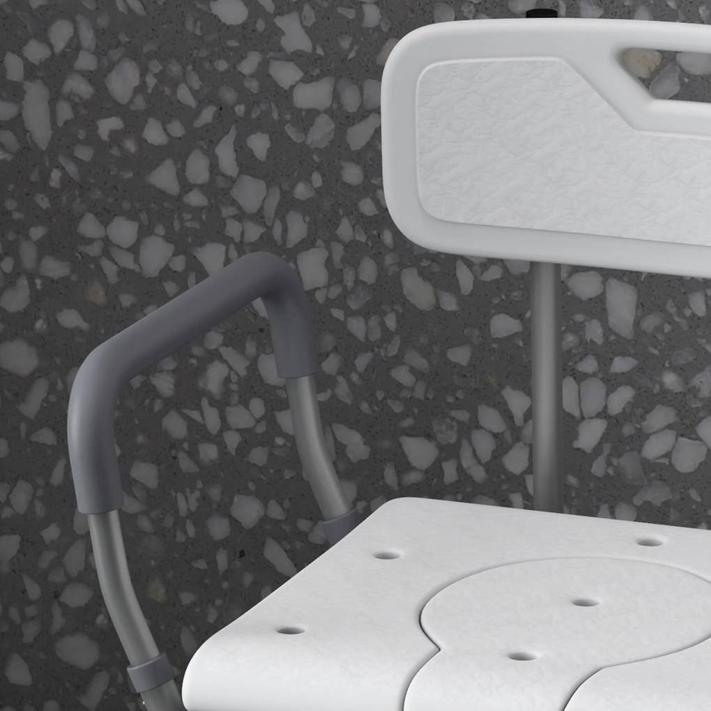 HOMCOM Scaun de Duș cu Spătar și Brațe, Toaletă cu Înălțime Reglabilă, Scaun de Toaletă cu Plăcuță de Picior, 53,5x46x70-82,5 cm, Alb | Aosom Romania