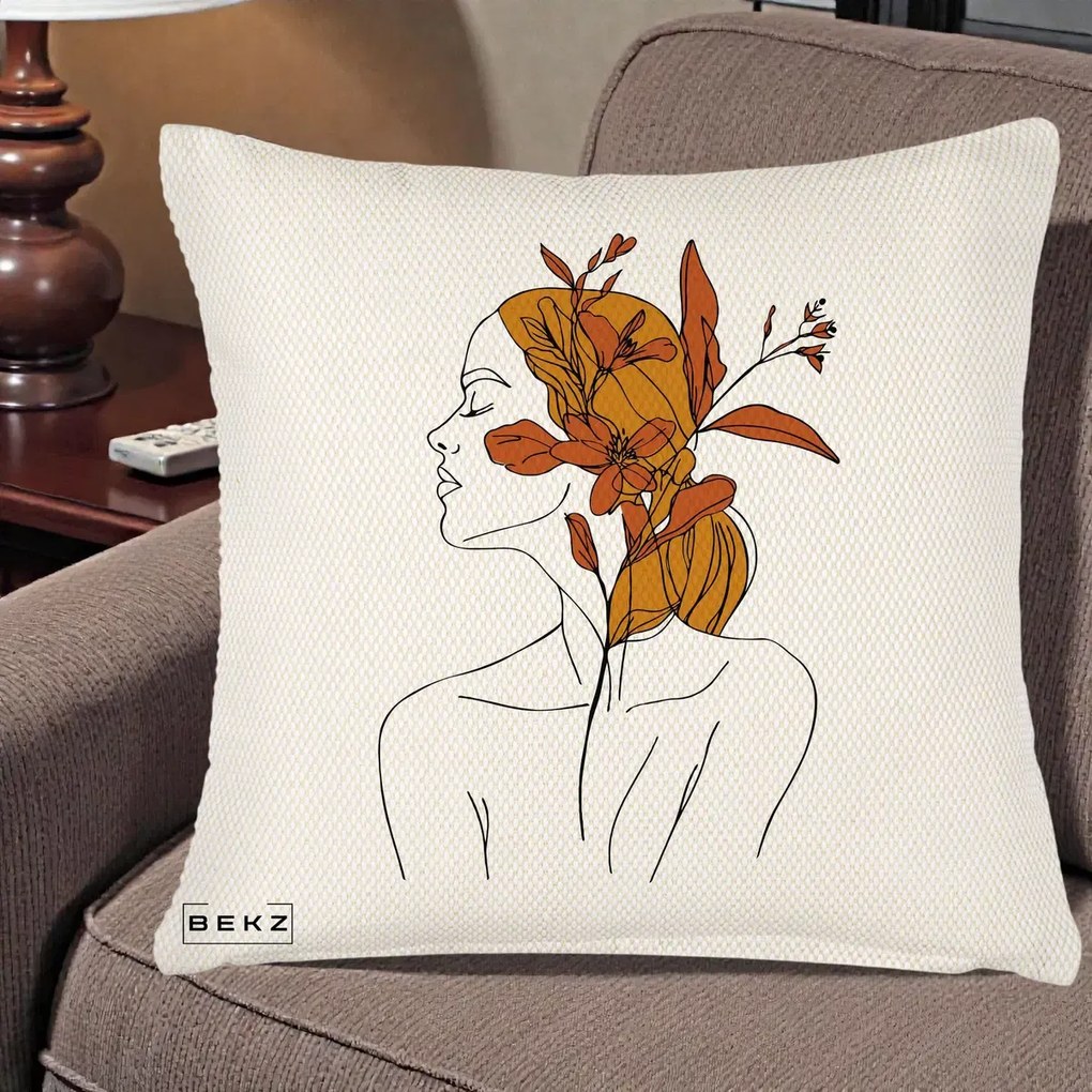 Perna Decorativa Portret Feminin Crin Ruginiu Auriu, 40x40 cm, Crem Reliefat, Husa Detasabila, Perna Inclusa, BEKZ®