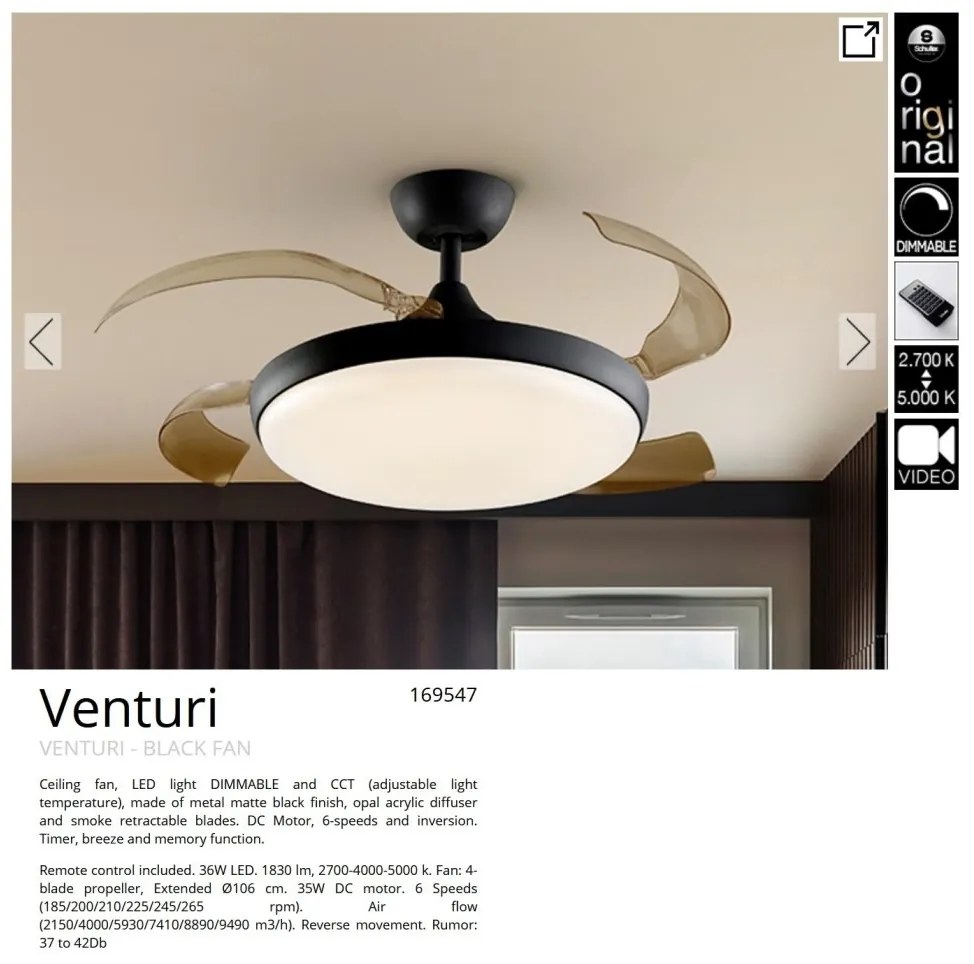 Lustra LED cu Ventilator si telecomanda, lame retractabile Venturi negru
