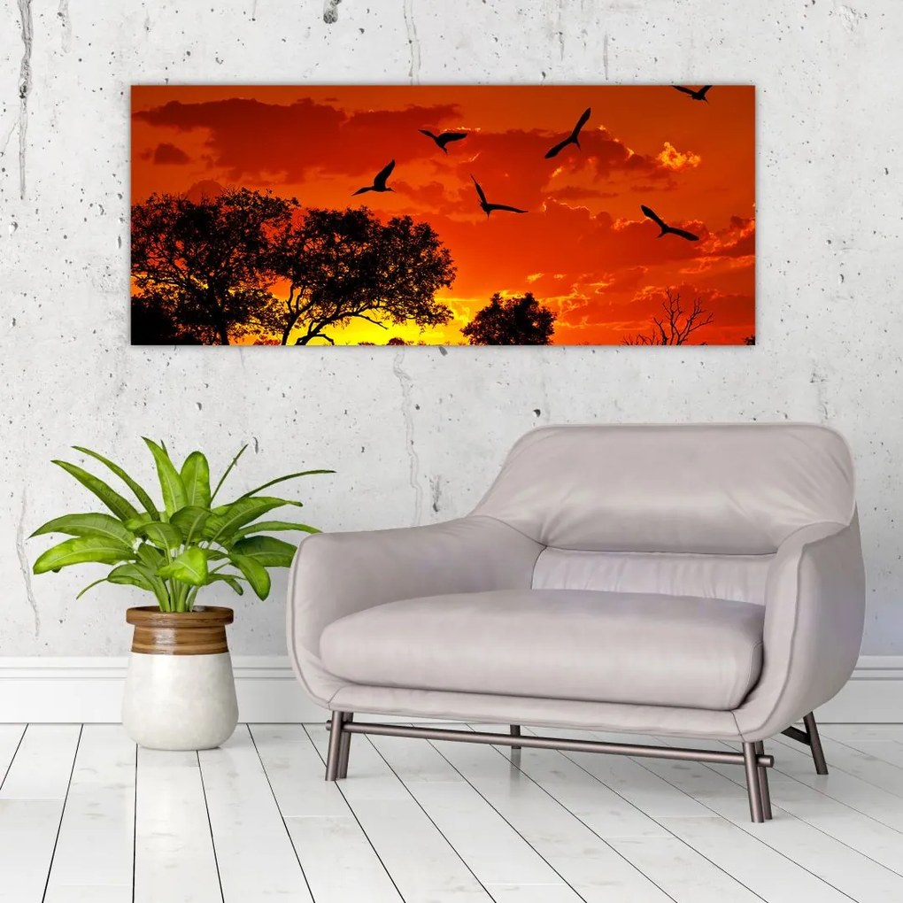 Tablou cu păsări în apus de soare (120x50 cm)