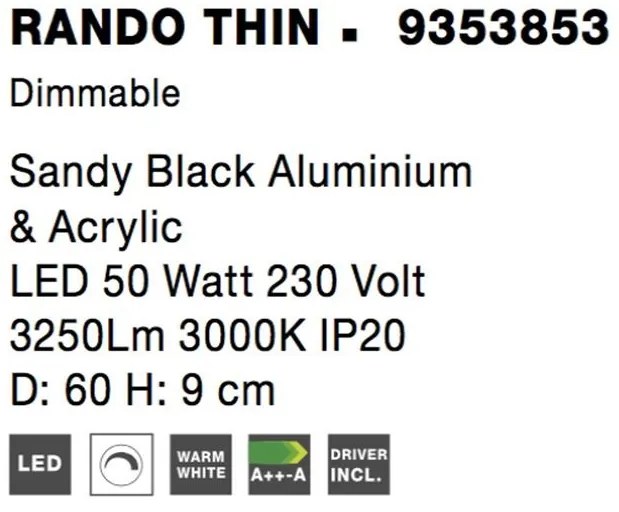 Plafoniera LED 3000K moderna 60cm RANDO THIN negru NVL-9353853