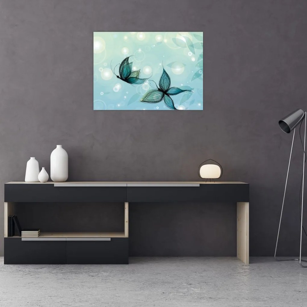 Tablou pe sticlă - Fluturi albaștri (70x50 cm)