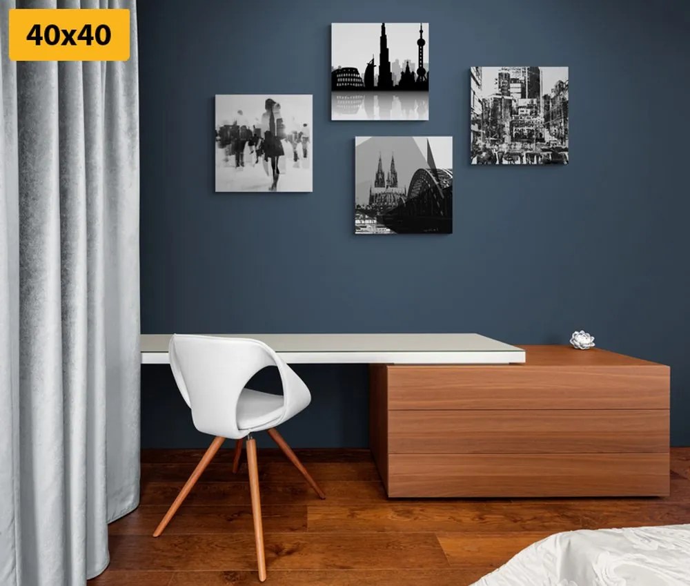 Set tablouri viața în marele oraș în design alb-negru cu atingere abstractă