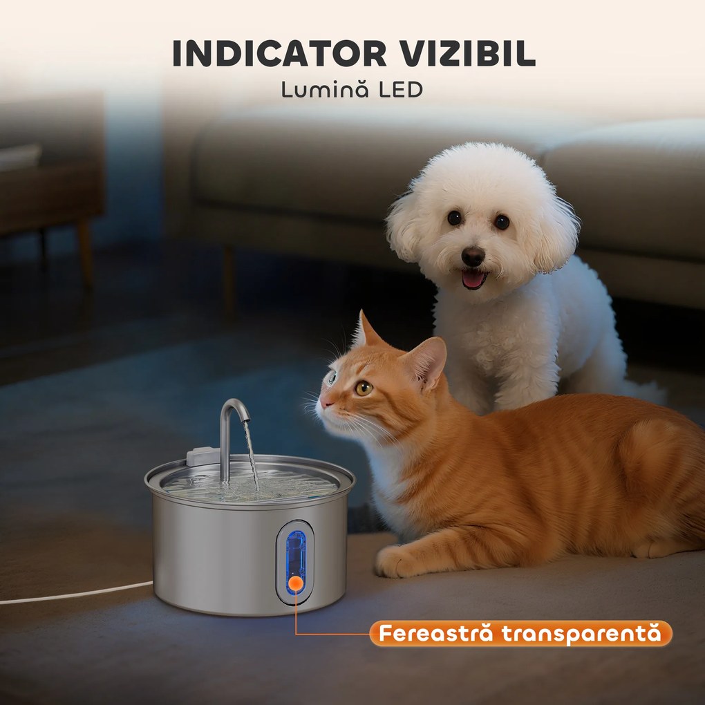 PawHut Fântână din Inox 2,5L pentru Pisici cu LED și 2 Moduri de Flux, Argintiu | Aosom Romania