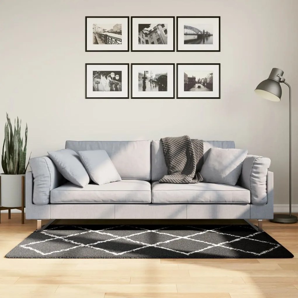 vidaXL Covor pufos &quot;PAMPLONA&quot; fire înalte negru/crem modern 80x150 cm