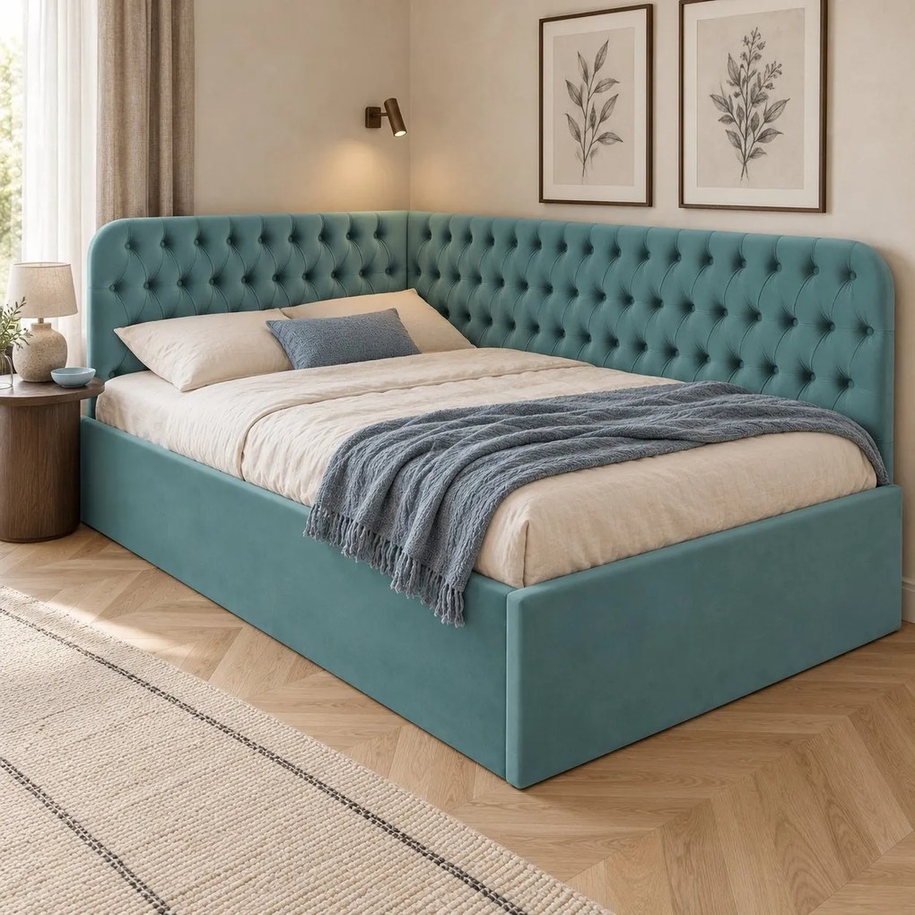 Pat tapițat pentru copii din catifea Elyra 140×200 cm, verde marin, colț dreapta, cu ladă de depozitare