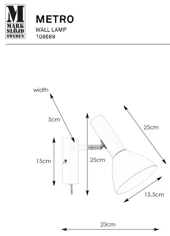 Lampă de perete Markslöjd 108689 METRO 1xE27/40W/230V alb