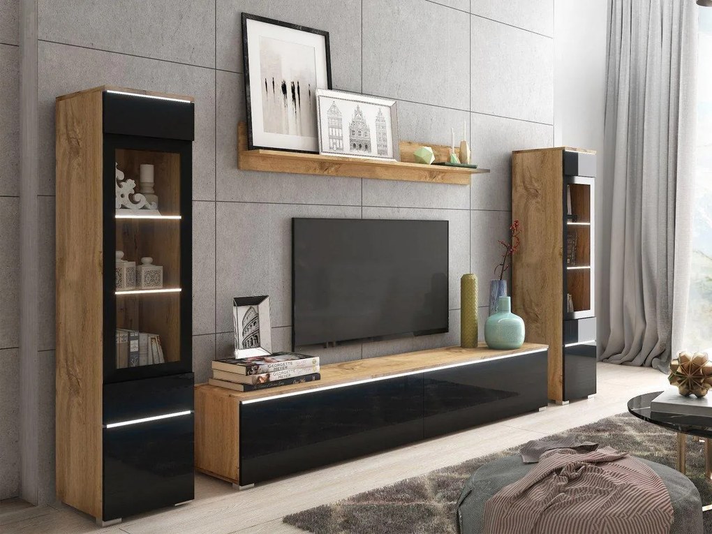 Mobilier living Selwyn II (wotan + Negru lucios ) (iluminat LED Alb). 1054051