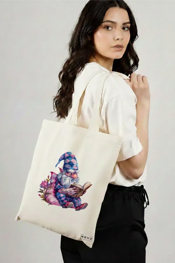 Sacosa de Panza pentru Cumparaturi, Geanta Tote, model The Bookish Gnome 10 38 x 34.5 cm, Alba, BEKZ®