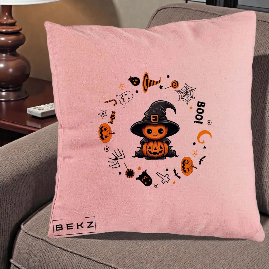 Perna Decorativa Halloween Dovleac Vrajitor Boo cu Simboluri, 40x40 cm, Roz, Husa Detasabila, Perna Inclusa, BEKZ®
