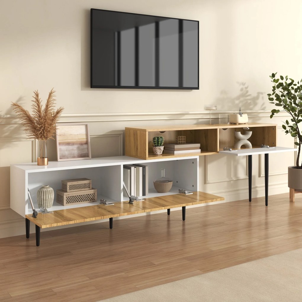 Comodă TV cu lungime reglabilă, design modular 2-piese, 130-220L x 30P x 63,4Î cm, Culoare naturală