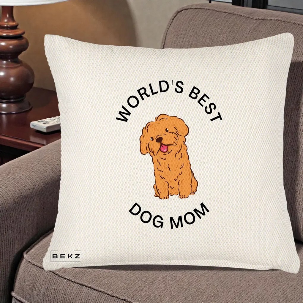 Cadou pentru Iubitorii de Caini - Perna Personalizata World's Best Dog Mom, 40x40 cm, Crem Reliefat, Husa Detasabila, Perna Inclusa, BEKZ®
