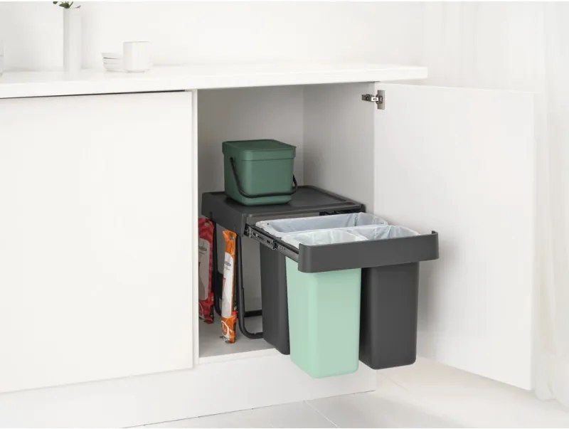 Cos colectare selectiva Brabantia Sort&Go 1008864, 2x10 L+20 L, Materiale ecologice, Economie de spatiu, Gri închis/Verde