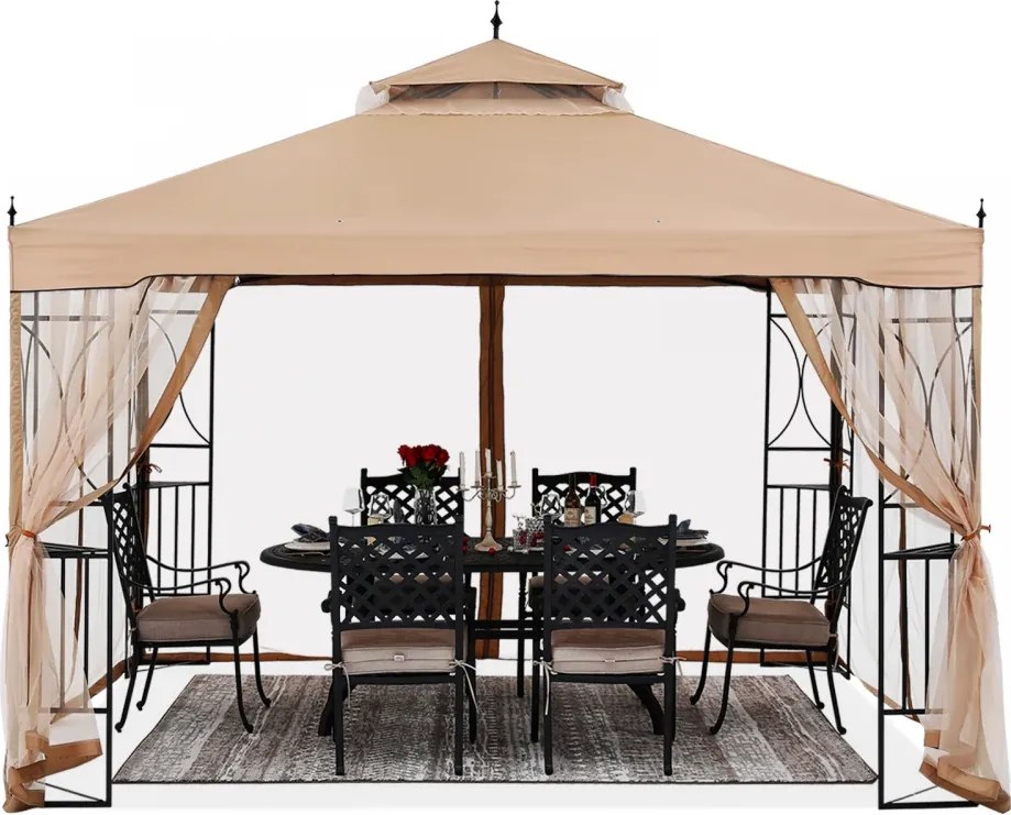 ABCCANOPY Foișor de gradina 3.05x3.05 m - Foișor exterior cu cadru din oțel și plasă de țânțari pentru gazon, curte, grădină, terasă, Kaki