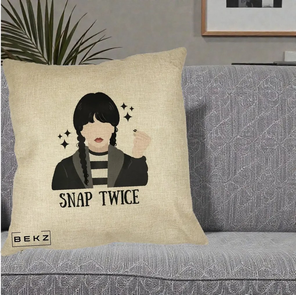 Perna Personalizata Wednesday Snap Twice, 40x40 cm, Crem, Husa Detasabila, Perna Inclusa, BEKZ®