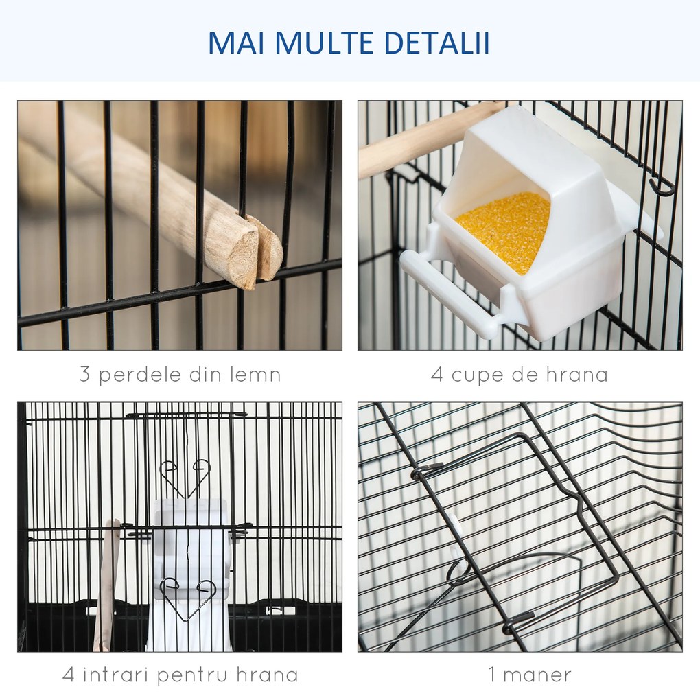 PawHut Colivie pentru Papagali cu Stinghii, Leagan și Boluri, Volieră din Metal și Plastic, 46.5x35.5x92 cm, Negru | Aosom Romania