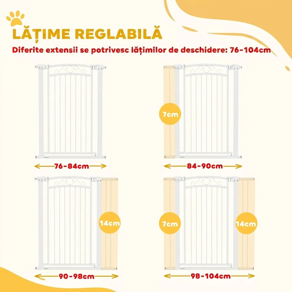 PawHut Poartă de siguranță pentru câini de interior, cu 2 extensii, 76-104 cm, pentru hol și scări, albă | Aosom Romania