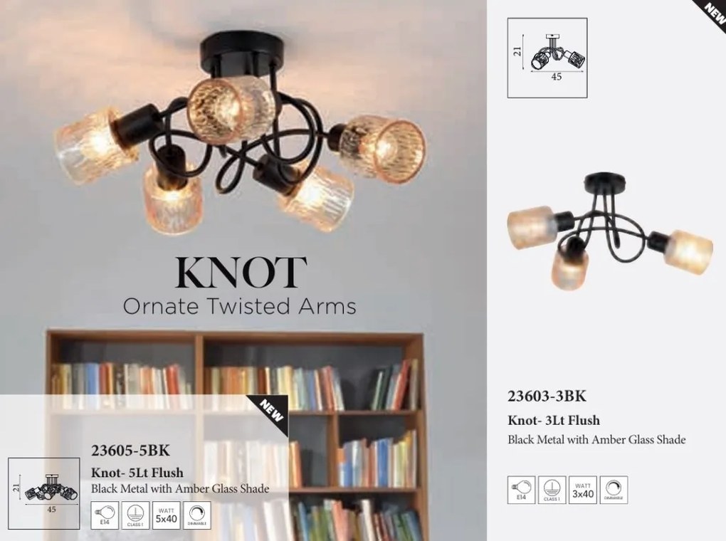 Lustra aplicata 5 becuri metal negru, sticla chihlimbar Knot