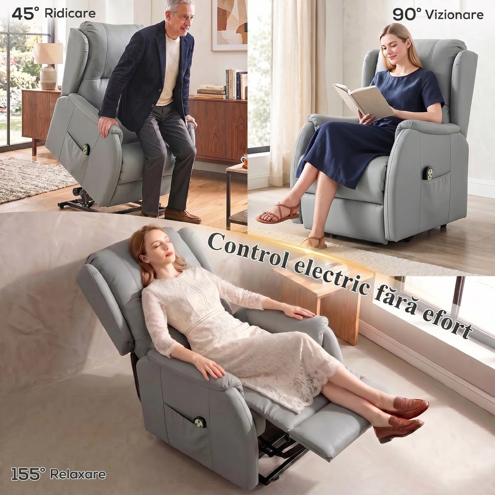 HOMCOM Fotoliu Reclinabil Electric cu Ridicare (155°), Șezut Lat pentru Seniori, Telecomandă, Gri Deschis | Aosom Romania