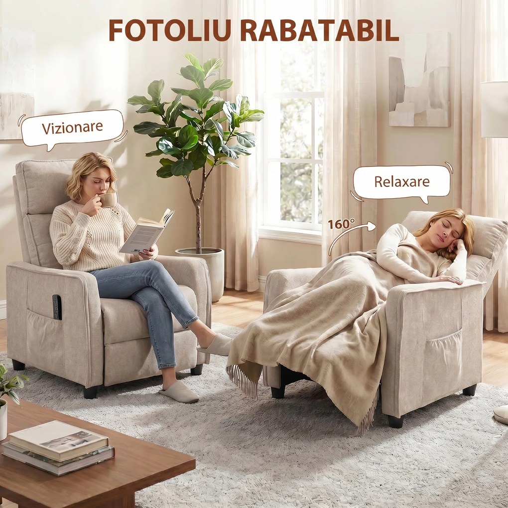 HOMCOM Fotoliu Masaj Reclinabil Manual din Material Textil Tip In cu Telecomandă, Crem | Aosom Romania