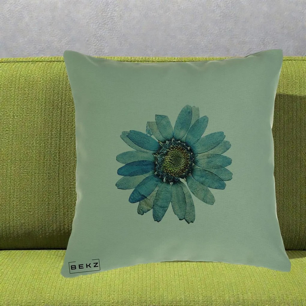 Perna Decorativa Floare Margareta Albastra Acuarela, 40x40 cm, Verde, Husa Detasabila, Perna Inclusa, BEKZ®