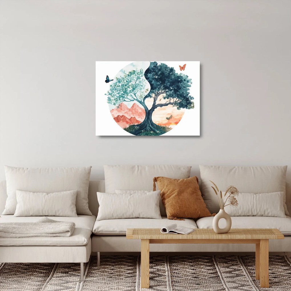 Tablou pe sticlă – Arbore acvarelă plin de viață (70x50 cm)