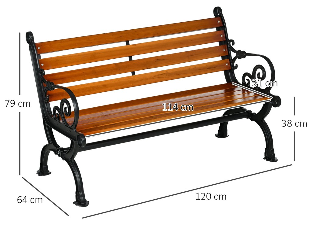 Outsunny Bancă de Exterior cu Cadru din Aluminiu, Scaun cu Două Locuri cu Cotieră Curbată, Șezut și Spătar din Lemn, 120x64x79 cm, Tec | Aosom Romania