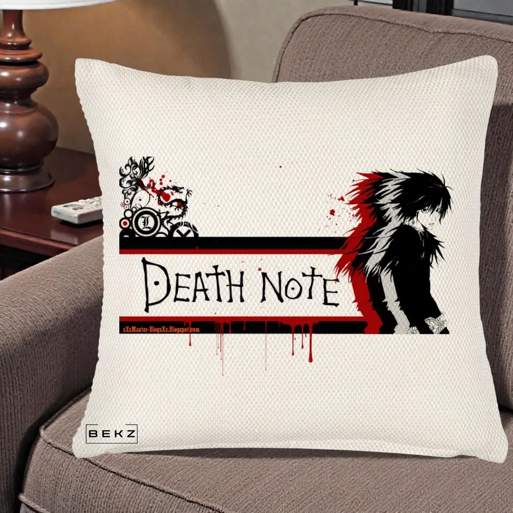 Perna Personalizata Death Note L Lawliet Rosu-Negru, 40x40 cm, Crem Reliefat, Husa Detasabila, Perna Inclusa, BEKZ®