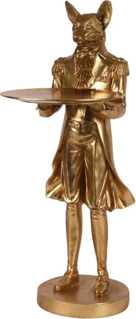 Statuetă decorativă din polirășină, auriu, vulpe în frac cu tavă rotundă, 54,5 x 30 x 20 cm, „Renard”