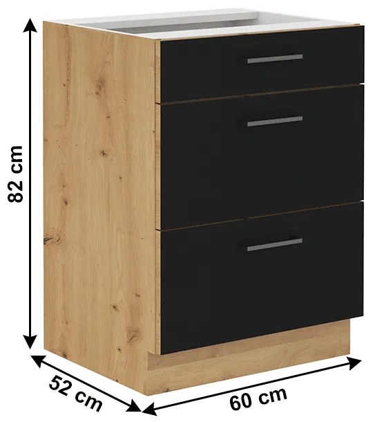 Dulap inferior de bucătărie Meriel 60 D 3S BB (negru + Stejar artisan). 1033978