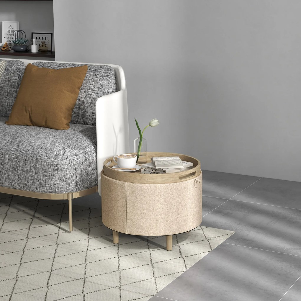 HOMCOM Pouf rotund taburet de odihnă cu depozitare, capac reversibil, mobilier 3 în 1 picior din lemn bej | Aosom Romania