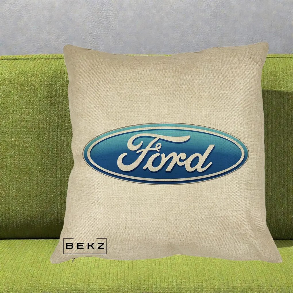 Perna Personalizata cu emblema Ford, 40x40 cm, Crem, Husa Detasabila, Perna Inclusa, BEKZ®