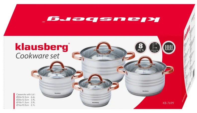 Set oale Klausberg KB 7699, 8 piese, Inductie, Inox/auriu