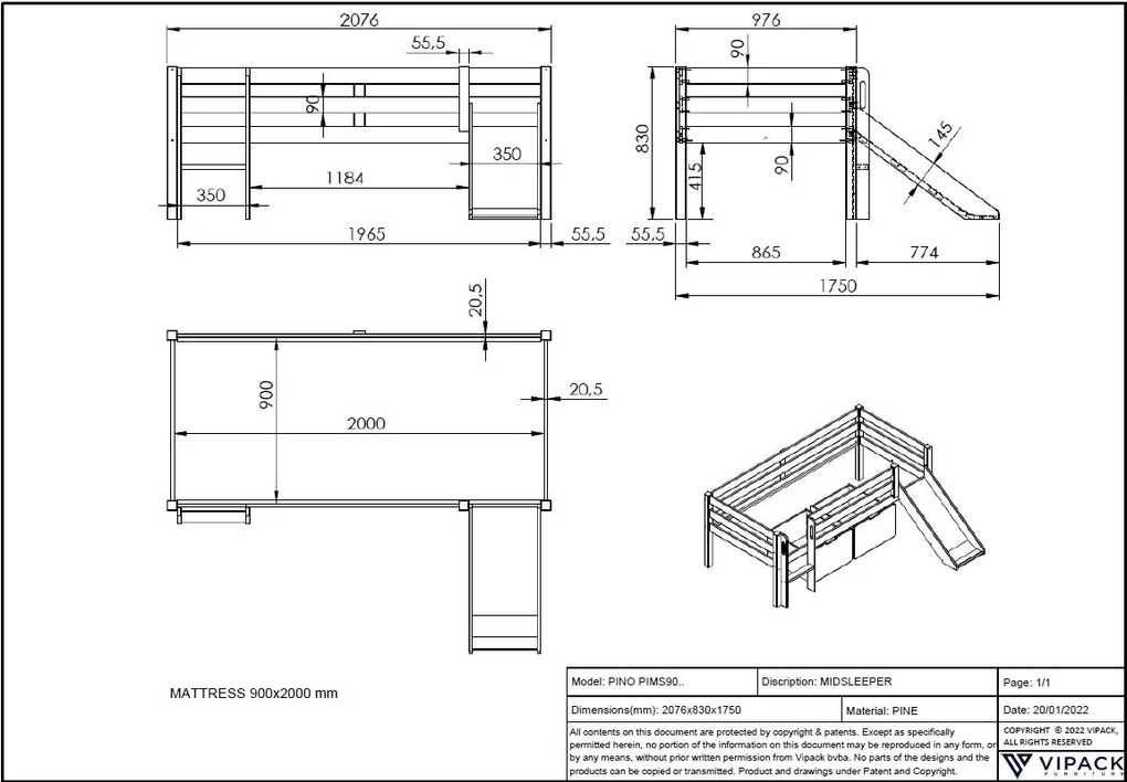 Pat Pino pentru copii cu tobogan, gri, 90x200 cm, înălțime 85 cm – Vipack