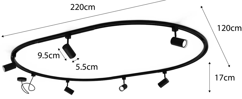 Sistem de iluminat modern pe șină cu 8 spoturi albe monofazate oval 200cm - Iconic Jeana