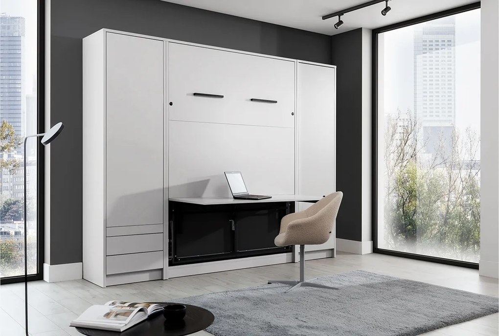 Pat rabatabil Basic 140x200 vertical cu masă de scris- alb mat