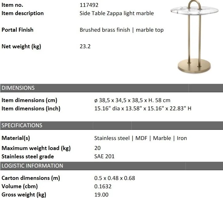 Masuta laterala design LUX cu blat din marmura Zappa